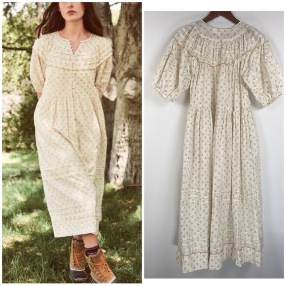 THE GREAT Stearling Dress 3 Ivory Floral 100% Cotton Prairie Maxi Peasant Boho - Picture 3 of 10